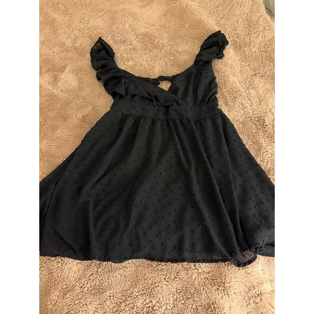 Altar'd State Black Swiss Dot Ruffle Mini Dress Back Tie Cutout Womens Large - Picture 3 of 10